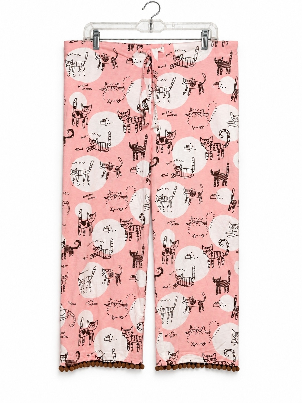 Vintage Rele-Vant Cat Print 100% Cotton Capri Pajama Pants Pom Pom One Size